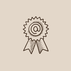 Award with at sign sketch icon.