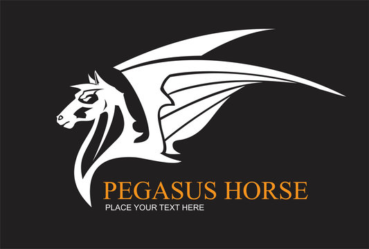White pegasus horse, combine with text suitable for team identity, sport club logo or mascot, insignia, embellishment, emblem, illustration for apparel, equestrian club, motorcycle community, etc