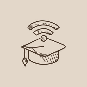 Graduation cap with wi-fi sign sketch icon.