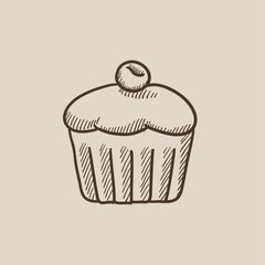Cupcake with cherry sketch icon.