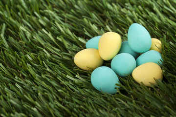 Fototapeta na wymiar colorful easter eggs on grass.