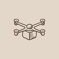 Drone delivering package sketch icon.