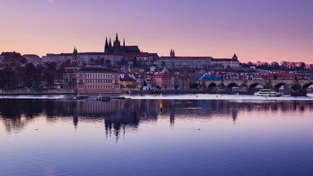 4k timelapse, panoramic view on Vltava river and St.Vitus cathedral, Prague, Czech Republic