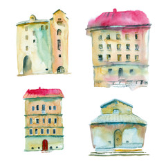 Fototapeta premium Watercolor painting. Old houses on a white background.