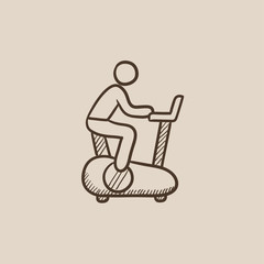 Man training on exercise bike sketch icon.