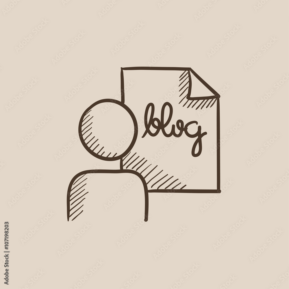 Poster man and sheet with word blog sketch icon.