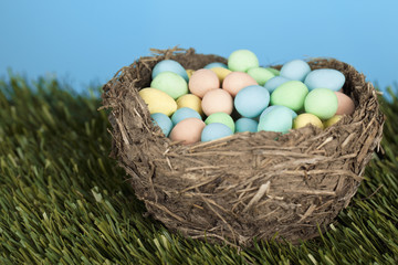 close-up image of nest with easter eggs