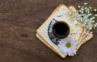 Pesach Still-life with wine and matzoh jewish passover bread