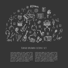 Hand drawn doodle Music set Vector illustration musical instrument and symbols icons collections Cartoon sound concept elements Music notes Piano Guitar Violin Trumpet Drum Gramophone Saxophone Harp