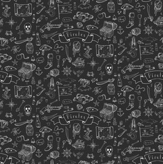 Seamless background hand drawn doodle Pirate icons set Vector illustration pirate symbols collection Cartoon piracy concept elements Pirate hat Treasure chest Skull Crossbones Compass Pirate costume
