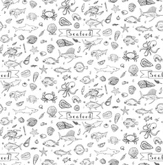 Seamless background hand drawn doodle Seafood icons set Vector illustration seafood symbols collection Cartoon fish Crab Lobster Oyster Shrimp Shellfish Shrimp White background for your menu or design