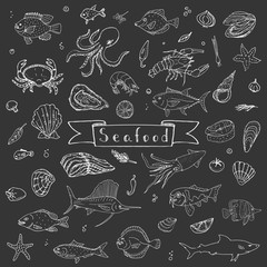 Hand drawn doodle Seafood icons set Vector illustration seafood symbols collection Cartoon fish Crab Seafood platter Lobster Oyster Shrimp Shellfish Shrimp on white background for your menu or design