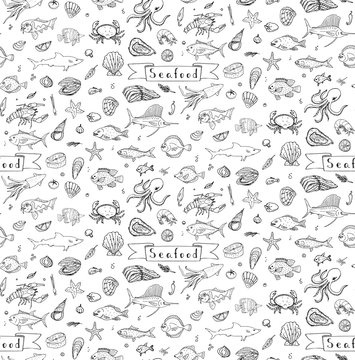 Seamless background hand drawn doodle Seafood icons set Vector illustration seafood symbols collection Cartoon fish Crab Lobster Oyster Shrimp Shellfish Shrimp White background for your menu or design