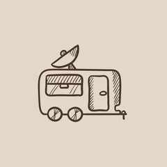 Caravan with satellite dish sketch icon.