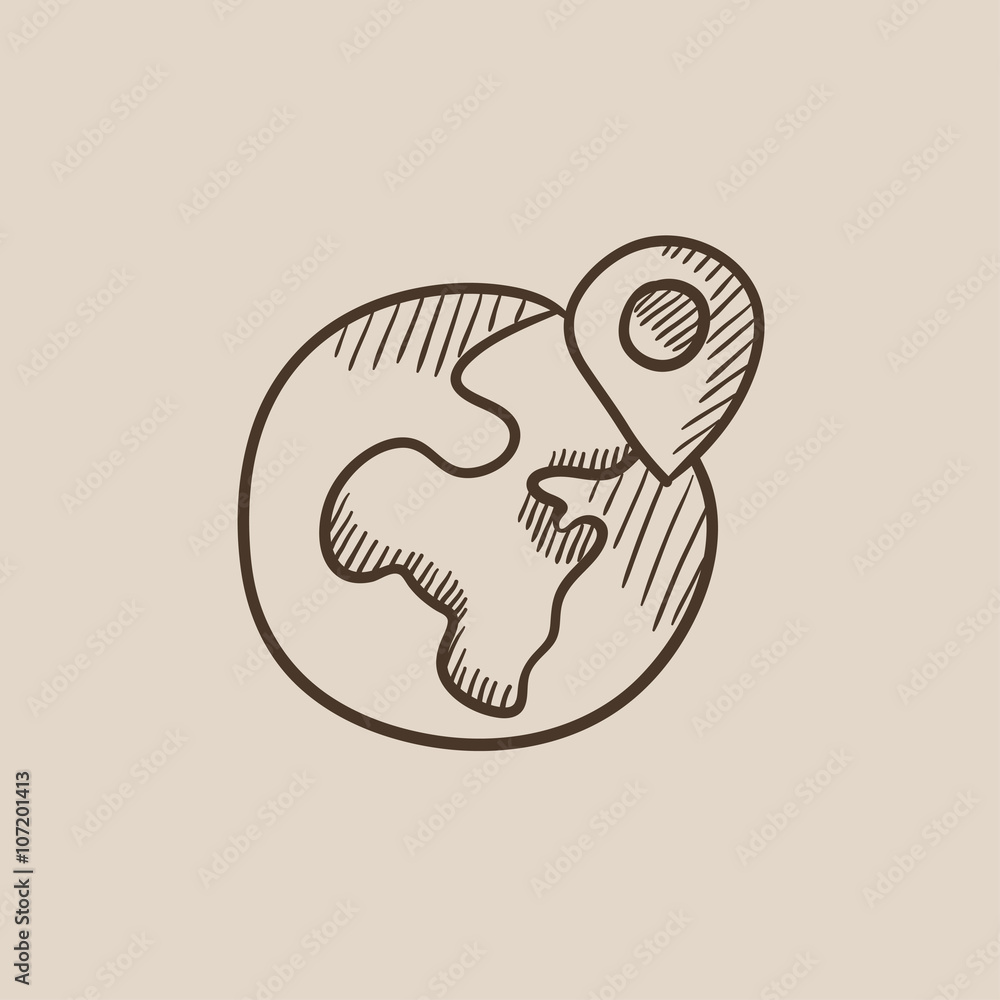 Poster globe with pointer sketch icon.