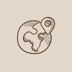 Globe with pointer sketch icon.