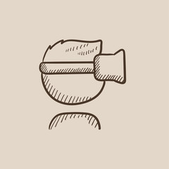 Man wearing virtual reality headset sketch icon.