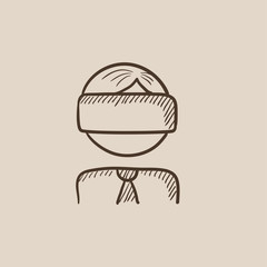 Man wearing virtual reality headset sketch icon.