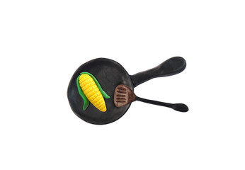 corn in pan model from japanese clay on white background