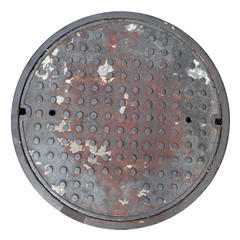 Rusty, grunge manhole cover, ROUND edge, rim isolated