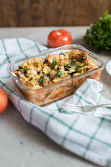 baked lasagna on baking sheet