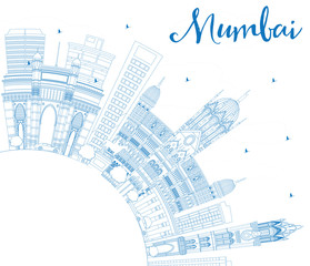 Outline Mumbai Skyline with Blue Landmarks.