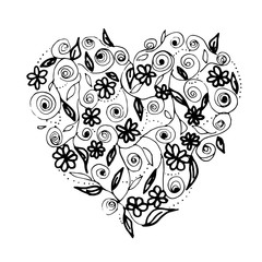 Heart with flora line art black and white Illustration