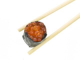 Ikura salmon roe sushi with chopsticks shot on white
