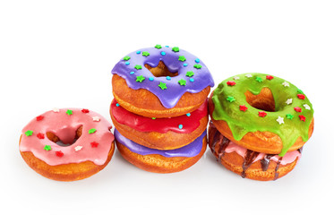 Donuts with colored glaze isolated on white background.
