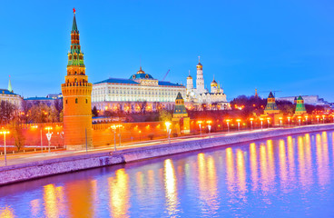 The Kremlin along the Moscow River in Moscow at night