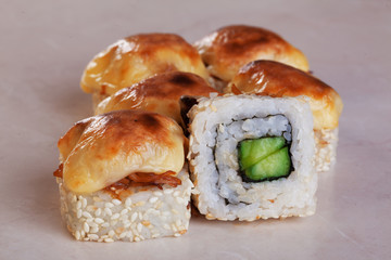 baked sushi roll, filling, delicious, squid, grilled cap, smoked cucumber