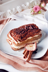 beautiful tiramisu in a still life cookies, atmosphere, interior, elegance, luxury