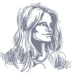 Vector portrait of attractive pensive woman, illustration 