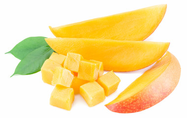 Mango cubes and slices. Isolated on a white background.