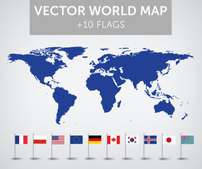 Vector world map + 10 flags - obrazy, fototapety, plakaty