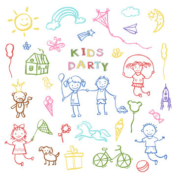 Kids party doodles for the design of childrens parties.