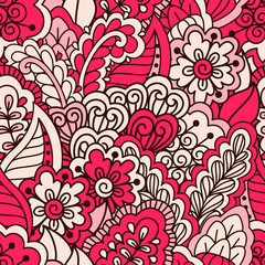 Hand drawn seamless pattern with floral elements. Colorful ethnic background. Pattern can be used for fabric, wallpaper or wrapping
