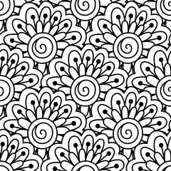 Seamless black and white pattern. Ethnic henna hand drawn background for coloring book, textile or wrapping.