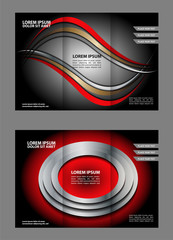 Template design of red trifold brochure with stripes and circles. Editable and light vector with places for photos. Proportionally A4
