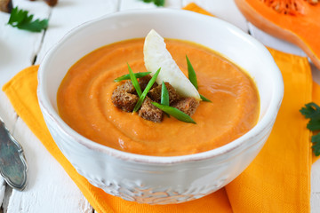 puree soup of celery and pumpkin with rye croutons