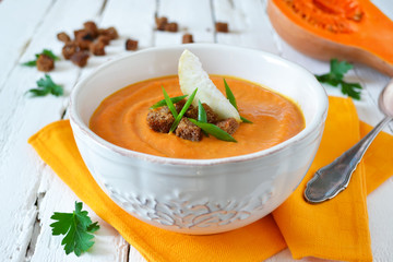 puree soup of celery and pumpkin with rye croutons