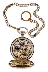 The interior of antique gold pocket watches.