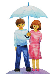 lovely shy couple lover teenager under the umbrella in dating