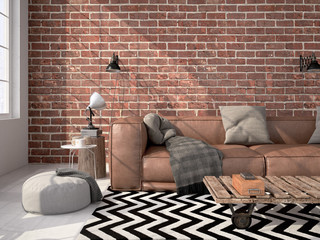  living room loft interior. 3d rendering