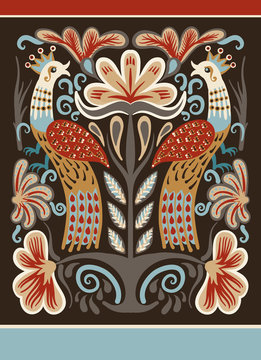 ukrainian hand drawn ethnic decorative pattern with two birds an