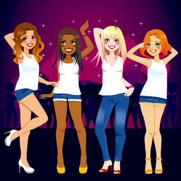Four beautiful girls dancing together on disco party