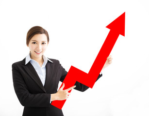 happy Business woman  showing profit growth arrow