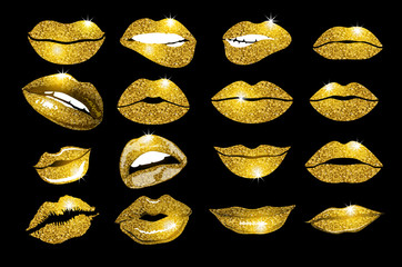 Set of 16 glamour lips, with gold lipstick colors. Vector illustration. element.