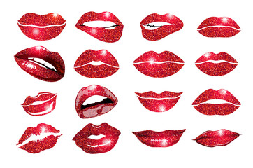 collage, lips Lips red set. Design glitter element.