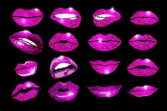 Set Of 16 Glamour Lips, With Pink Lipstick Colors. Vector Illustration. Element.